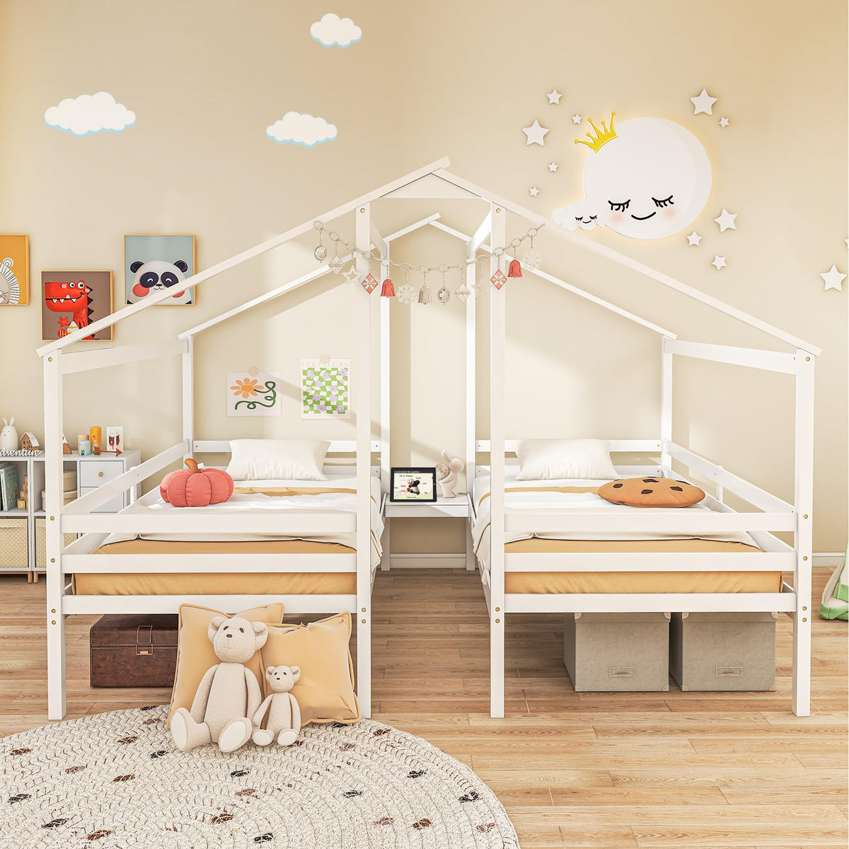 Goflame Double Twin Bed Frames for Kids, Wood House Shaped Platform with Built-in Nightstand & USB Port