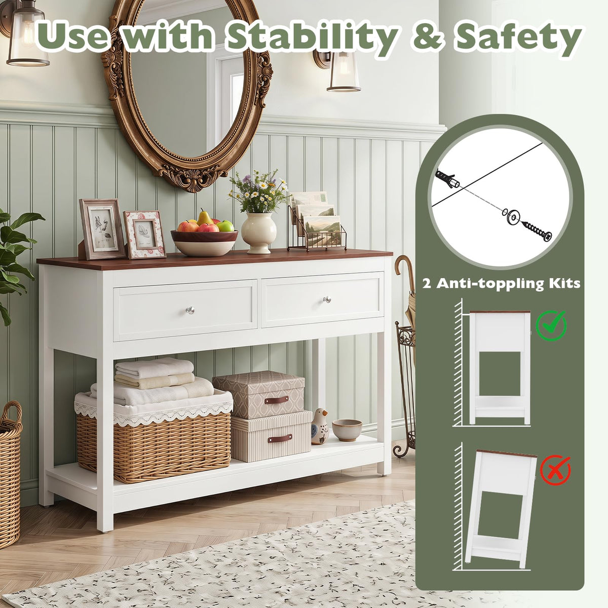 Goflame 47" Farmhouse Console Table with 2 Drawers Storage