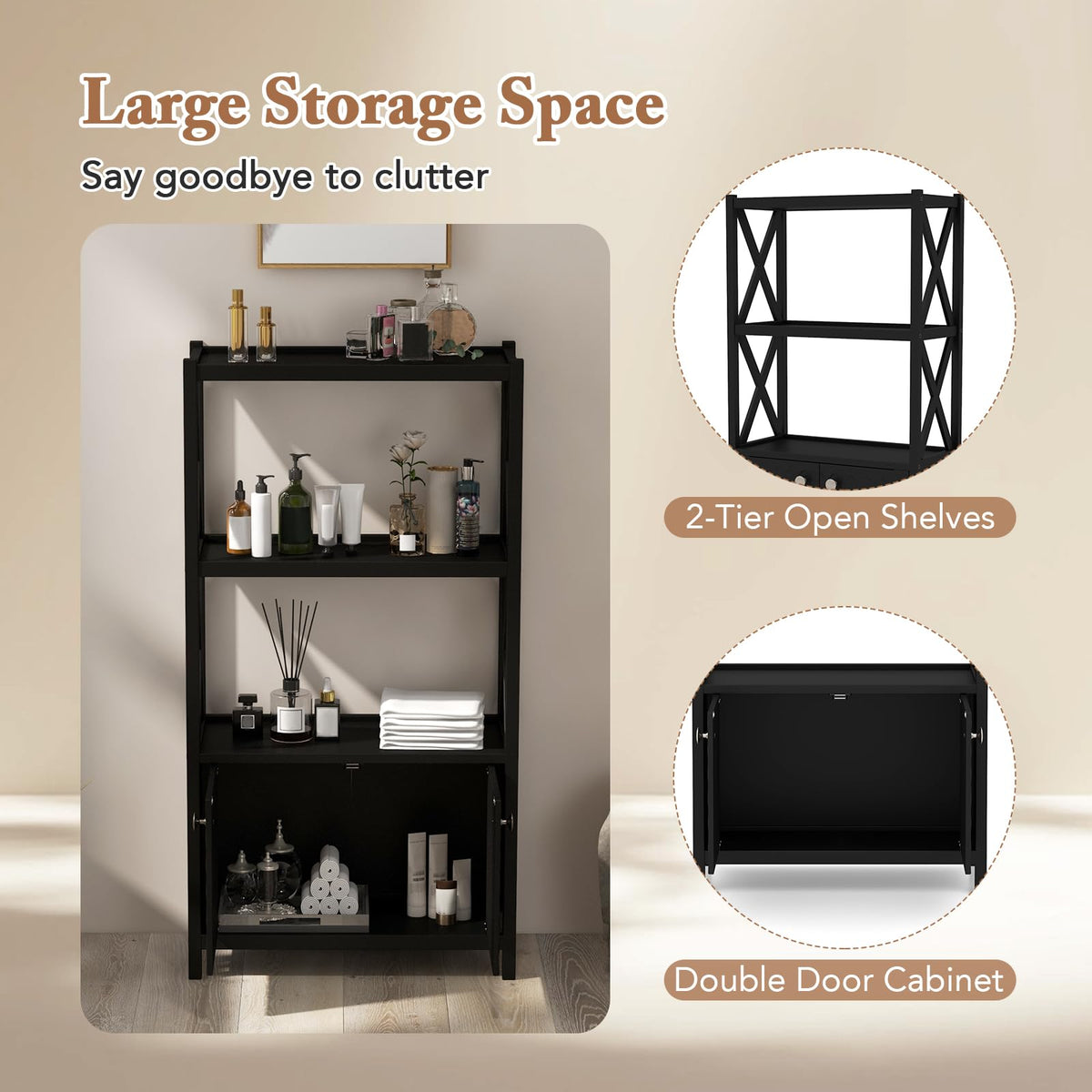 Goflame Storage Cabinet, Freestanding Storage Organizer with Open Shelves, Double Doors