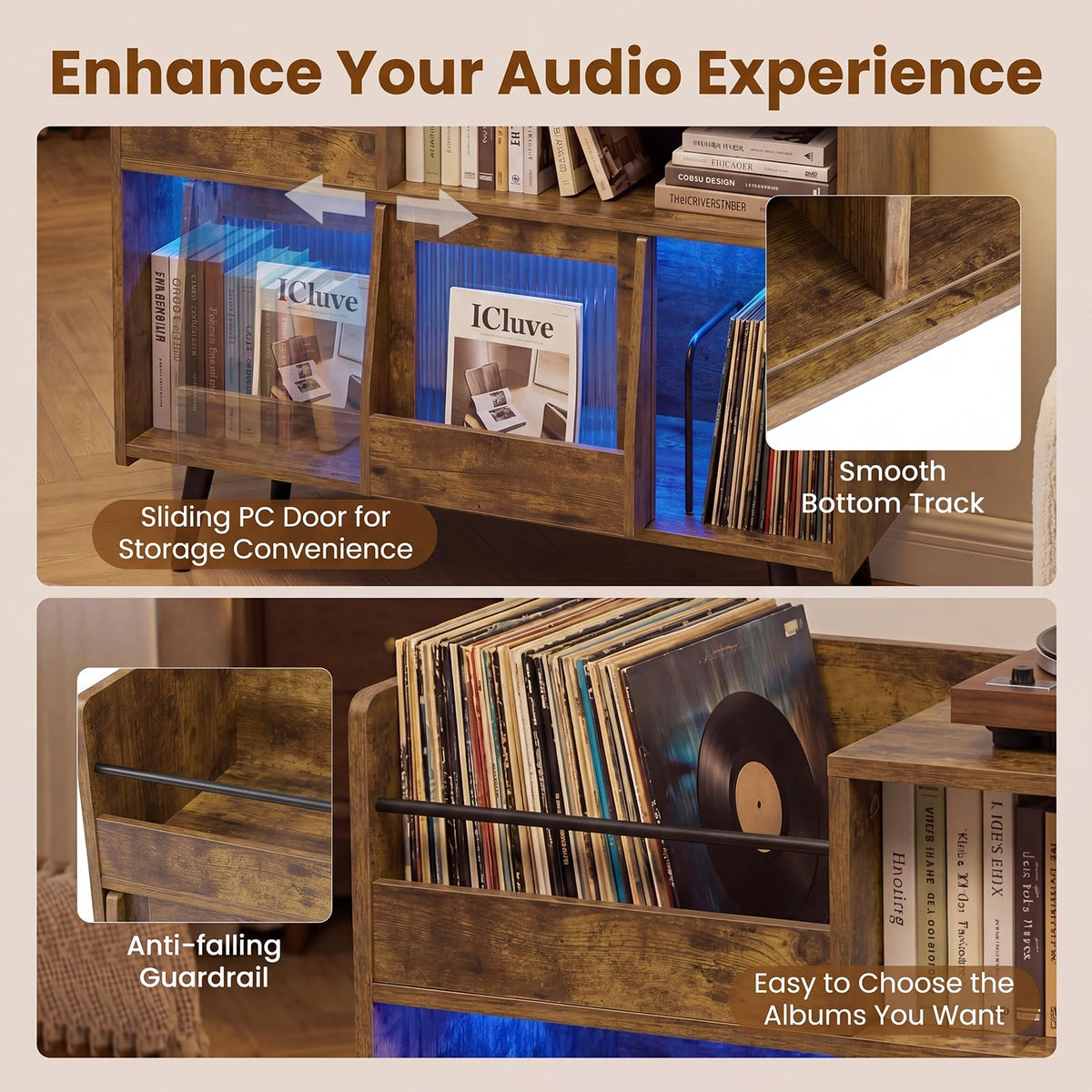 Goflame Large Record Player Stand with LED Light& Sliding Door
