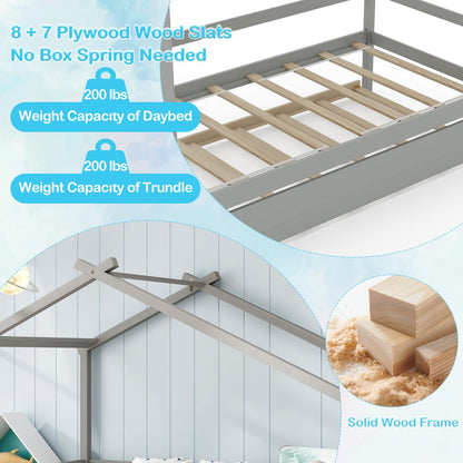Goflame Wood House Bed for Kids, Twin Bed Frame with Trundle Bed Twin