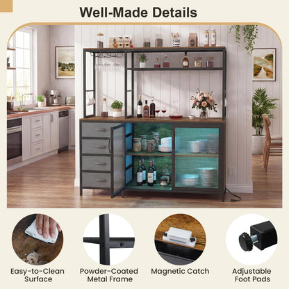 Goflame Tall Wine Bar Cabinet with LED Lights for Kitchen