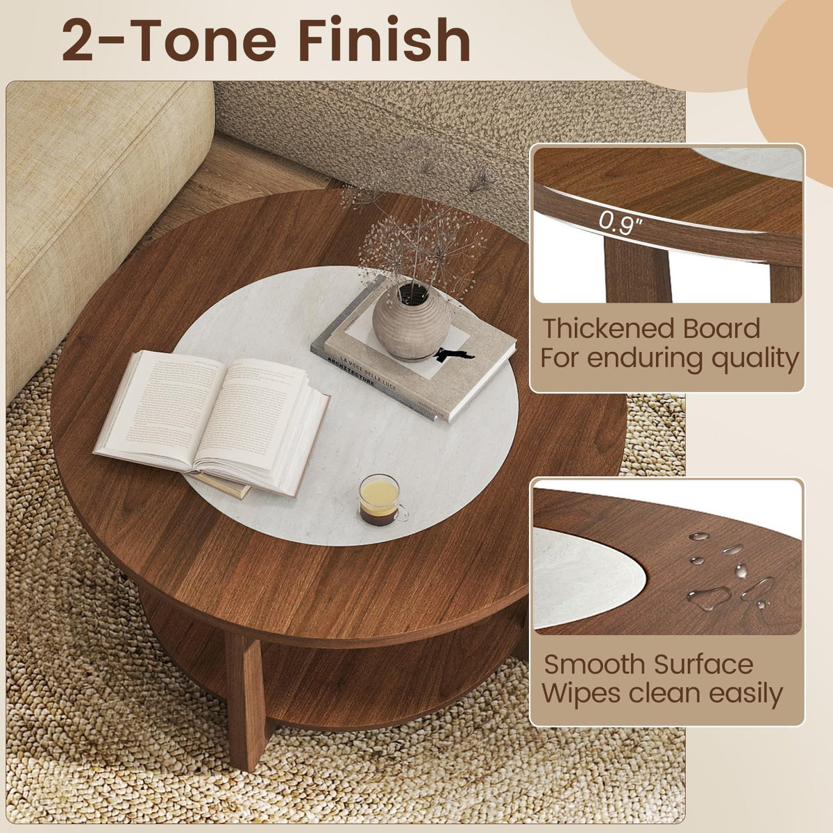 Goflame 2-Tier Round Farmhouse Living Room Coffee Table with 2-Tone Tabletop