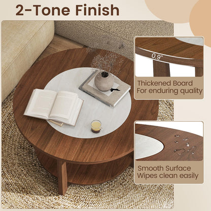 Goflame 2-Tier Round Farmhouse Living Room Coffee Table with 2-Tone Tabletop