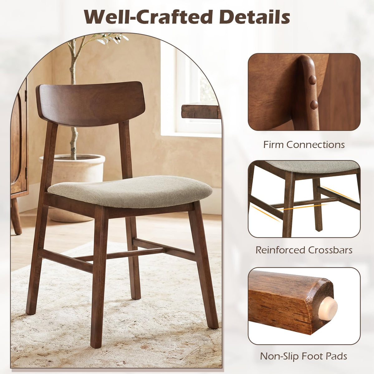 Goflame Solid Rubber Wood Dining Room Chairs with Curved Backrest