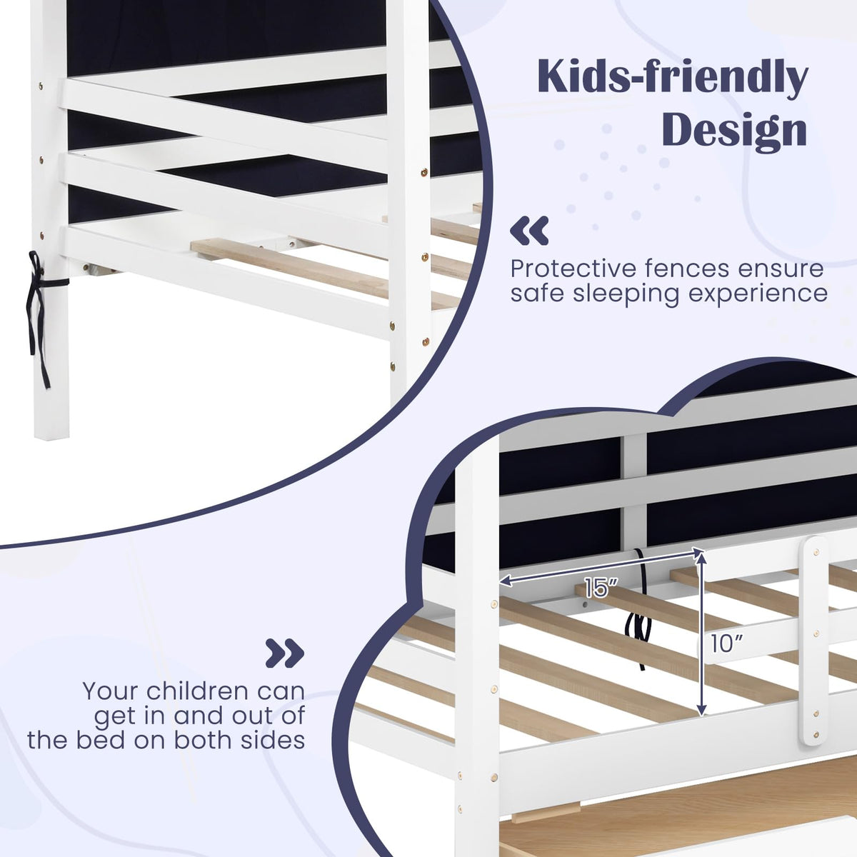 Goflame Twin House Bed with Tent, Wood Kids Bed with 2 Storage Drawers, Solid Wood Daybed Frame with Rails and Roof