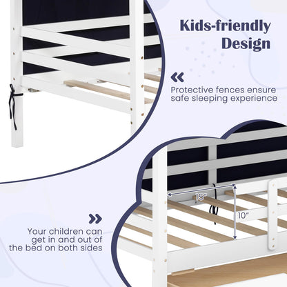 Goflame Twin House Bed with Tent, Wood Kids Bed with 2 Storage Drawers, Solid Wood Daybed Frame with Rails and Roof