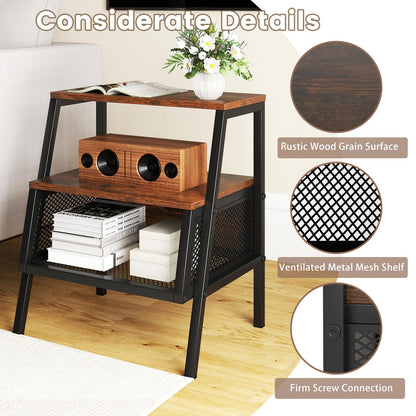 Goflame Industrial Nightstand 3-Tier End Table with 2 Open Shelves and Metal Mesh Compartment