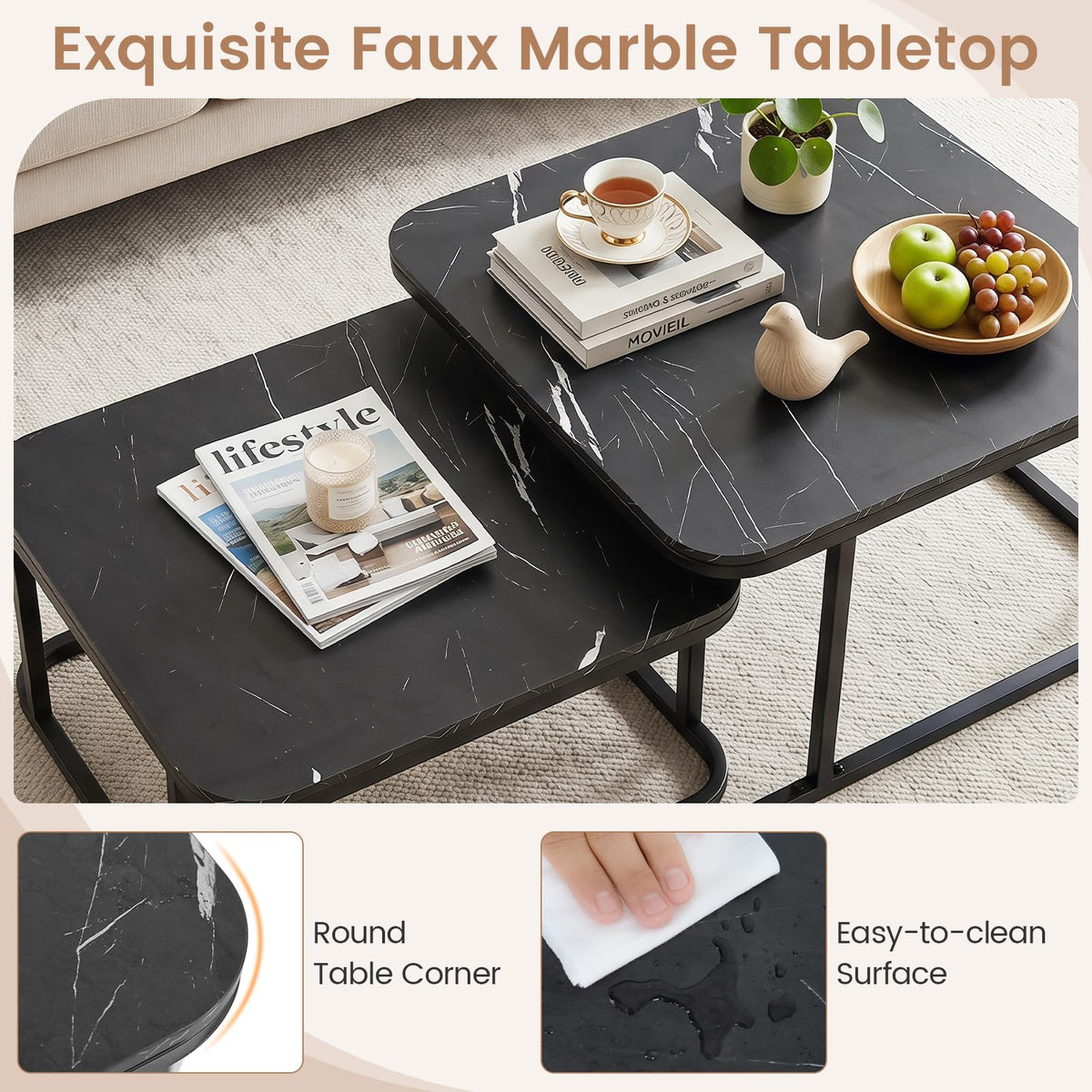 Goflame Nesting Coffee Table Set of 2 with Metal Frame