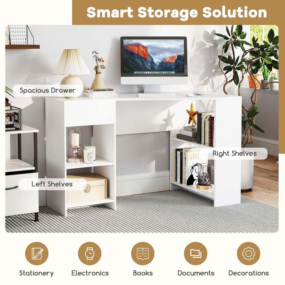 Goflame White Desk with Drawer 48 Inch Corner Desk