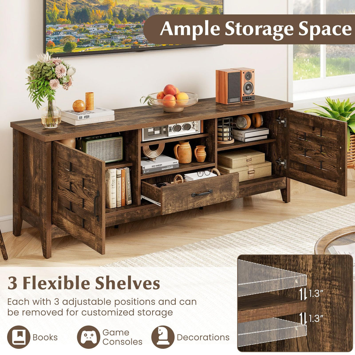 Goflame Farmhouse TV Stand for 65 Inch TVs 59" Wood Entertainment Center with 2 Woven Accent Doors