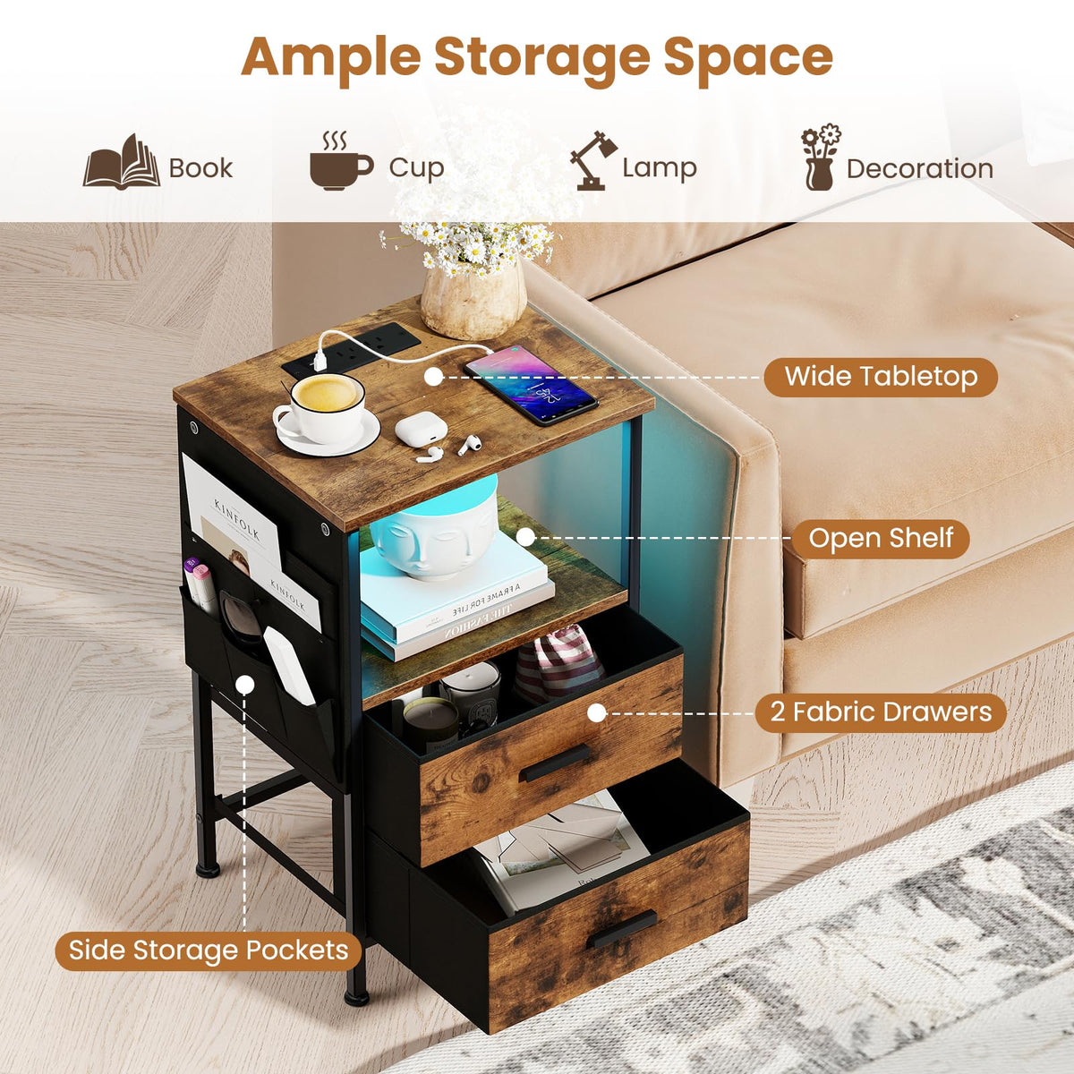 Goflame Night Stand with Charging Station | LED Sofa End Table w/2 Folding Fabric Drawers