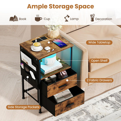 Goflame Night Stand with Charging Station | LED Sofa End Table w/2 Folding Fabric Drawers