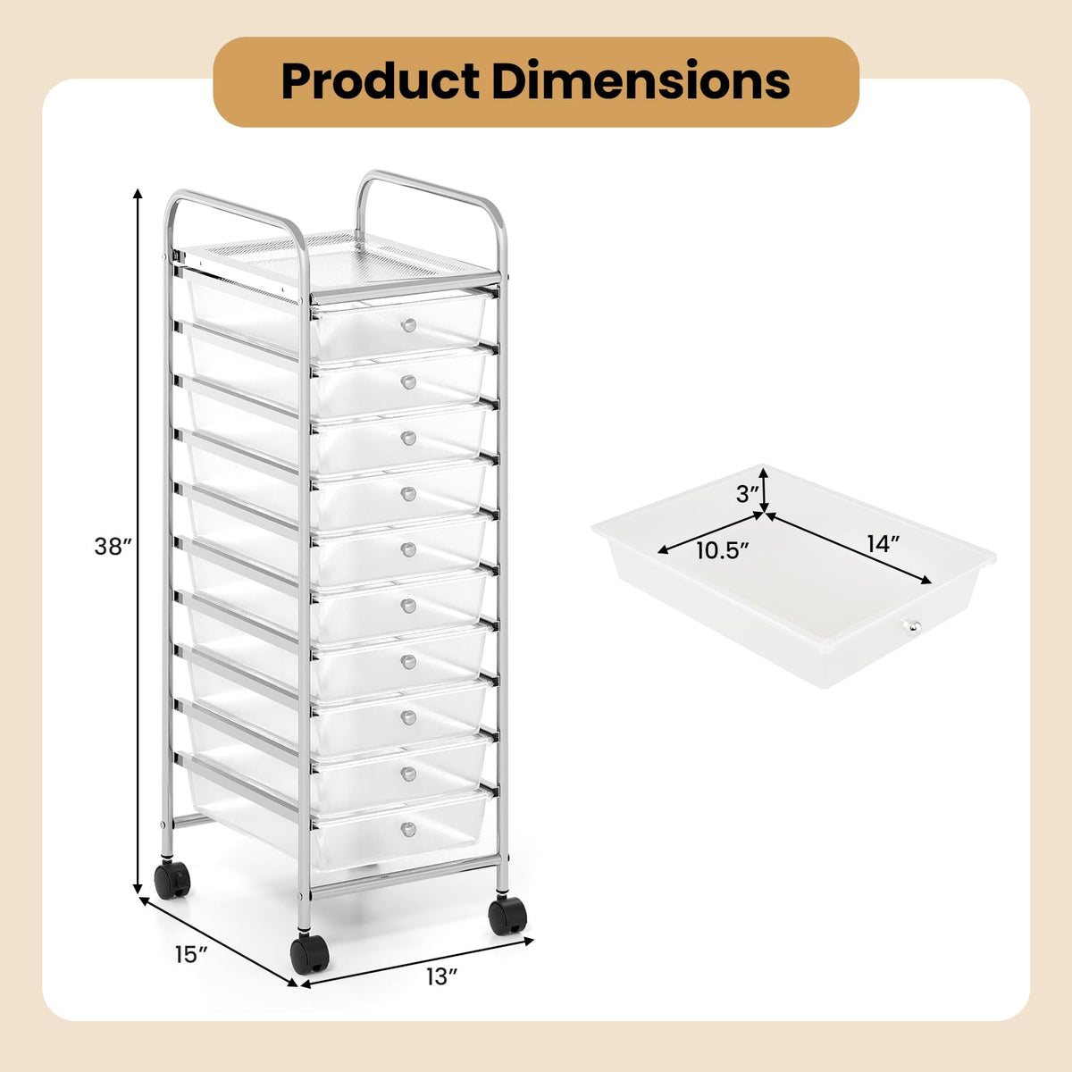 Goflame 10-Drawer Rolling Storage Cart with Metal Frame and Lockable Universal Wheels