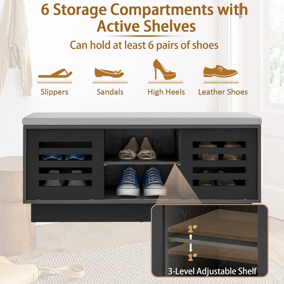 Goflame Entryway Shoe Storage Bench - Shoe Rack w/Seat Cushion & 6 Storage Compartments