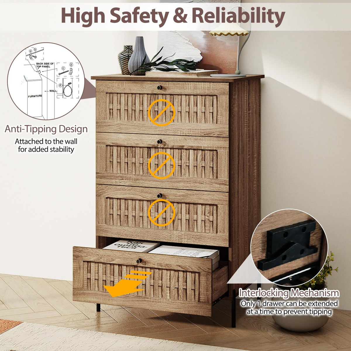 Goflame 4-Drawer Dresser with Interlocking Mechanism and Metal Legs for Bedroom