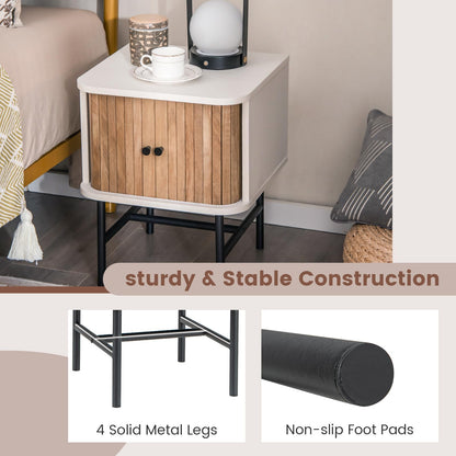 Goflame Mid-Century Modern Nightstand, Wood Bedside Table with Sliding Doors and 4 Metal Legs