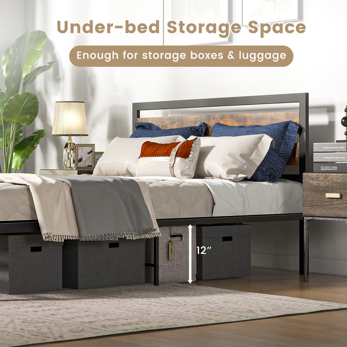 Goflame Queen Metal Platform Bed Frame with Wooden Headboard & Footboard, Rustic Brown