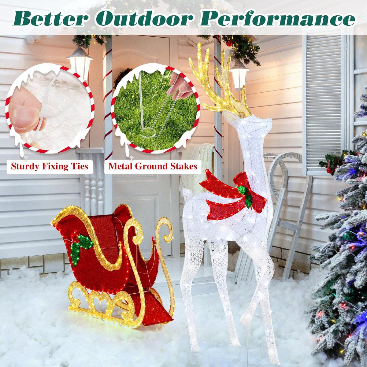 Goflame Lighted Christmas Reindeer & Sleigh Set, Light-up Xmas Decorations with 462 LED Lights