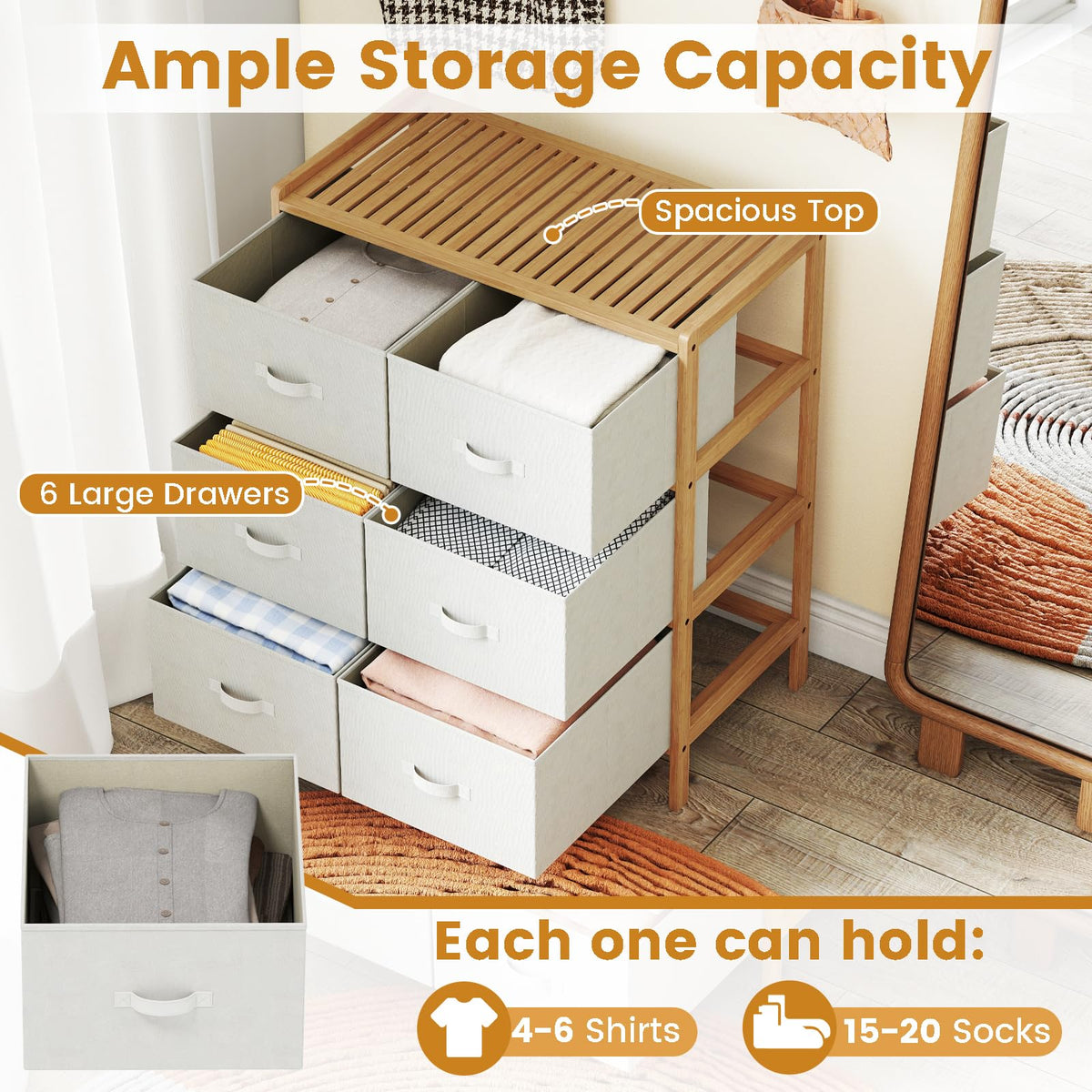 Goflame White Dresser for Bedroom Bamboo 6 Fabric Drawers Storage Tower with Top Shelf