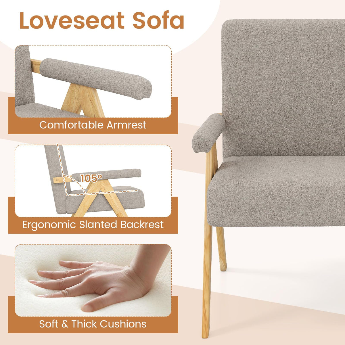 Goflame Loveseat Sofa with Armrests and Wooden Legs