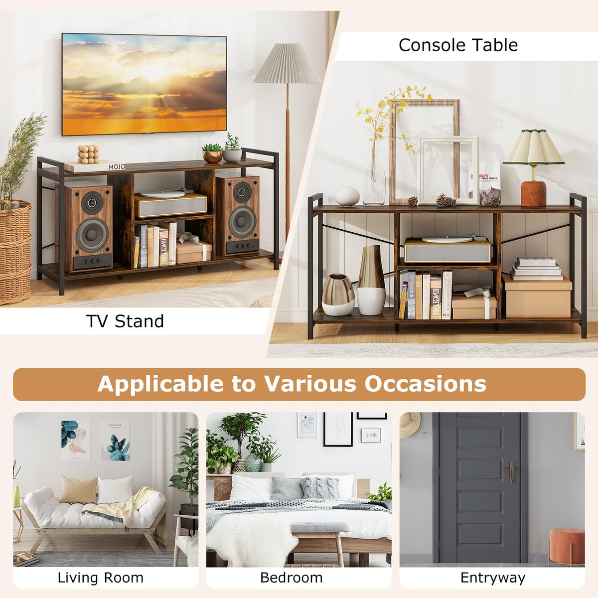 Goflame TV Stand for TVs up to 55", 3-Tier Entertainment Center with Open Storage Shelves, Side Guardrails & Metal Frame