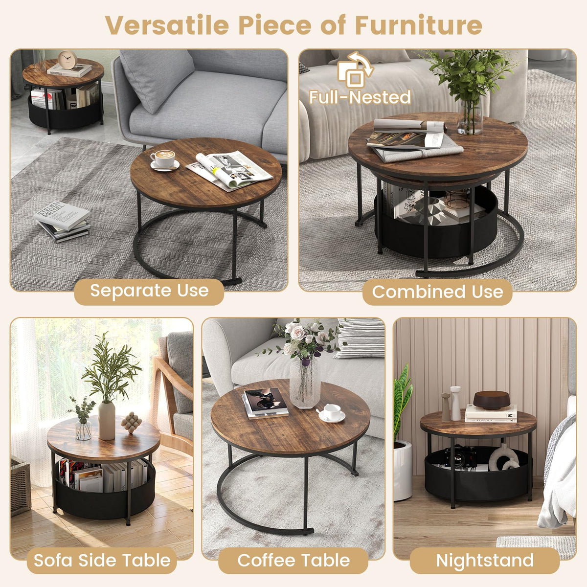 Goflame 31.5" Round Coffee Table with Removable Fabric Basket & Metal Frame