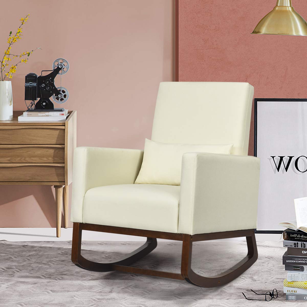 Goflame Upholstered Rocking Chair, Modern High Back Armchair