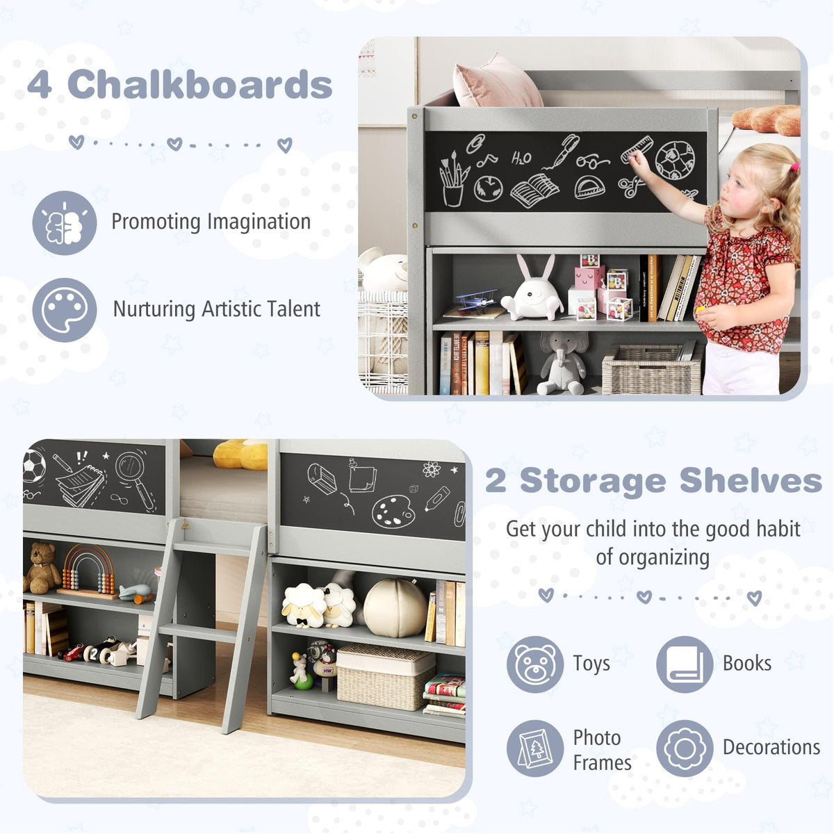 Goflame Low Loft Bed Twin Size, Wooden Loft Bed with Ladder & Blackboard