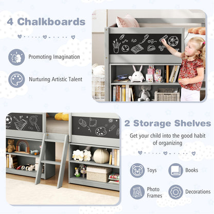 Goflame Low Loft Bed Twin Size, Wooden Loft Bed with Ladder & Blackboard
