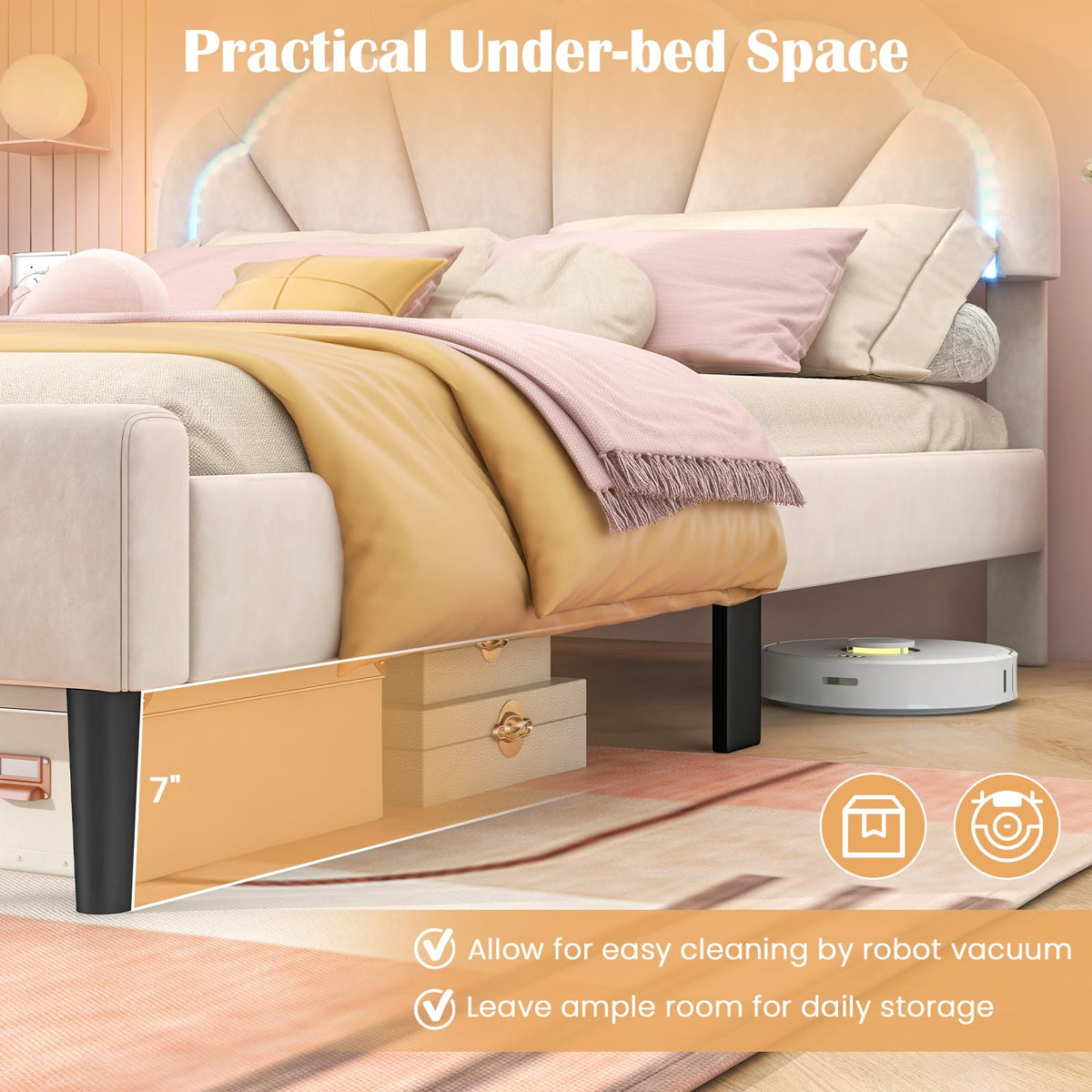 Goflame Full Size LED Bed Frame, Velvet Upholstered Full Platform Bed with Adjustable Cloud Headboard