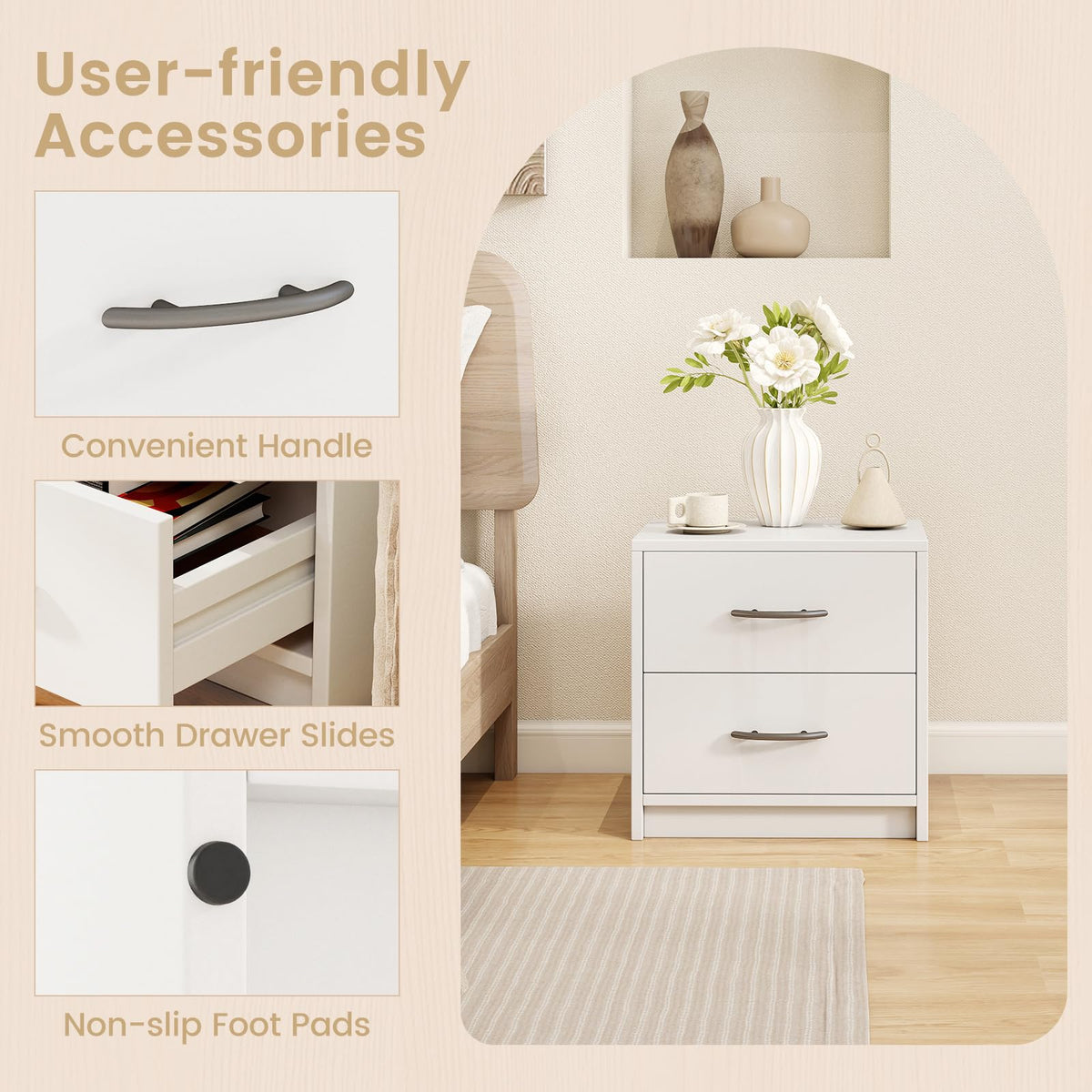 Goflame Nightstand with 2 Drawers, Modern Night Stand with Storage Drawers, Compact Floor Sofa Side Table for Small Spaces