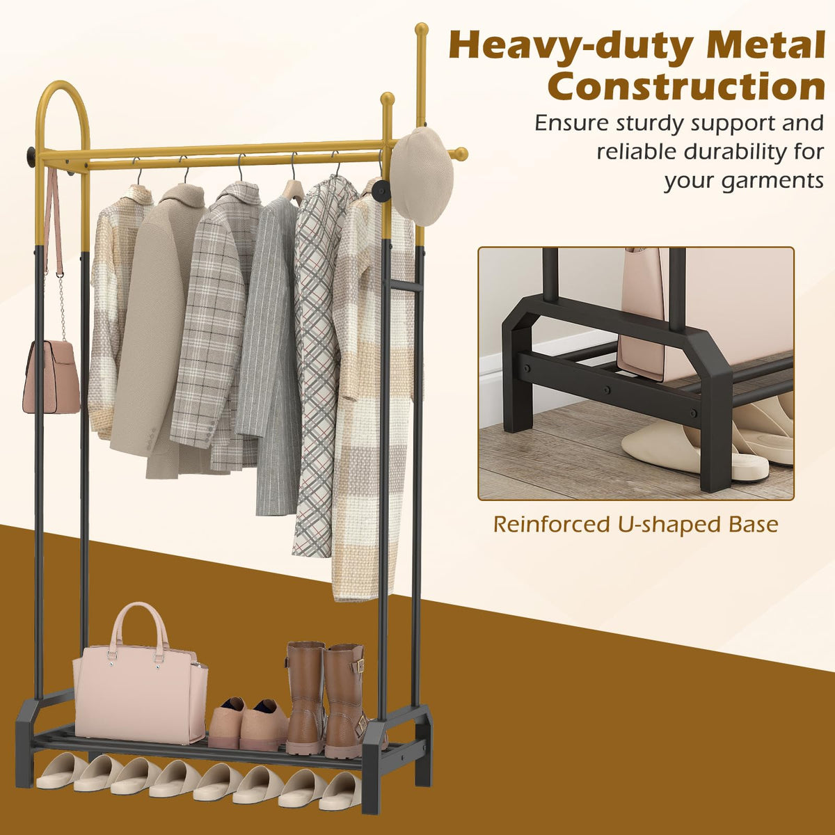 Goflame Double Rod Freestanding Clothes Rack with 5 Coat Hooks