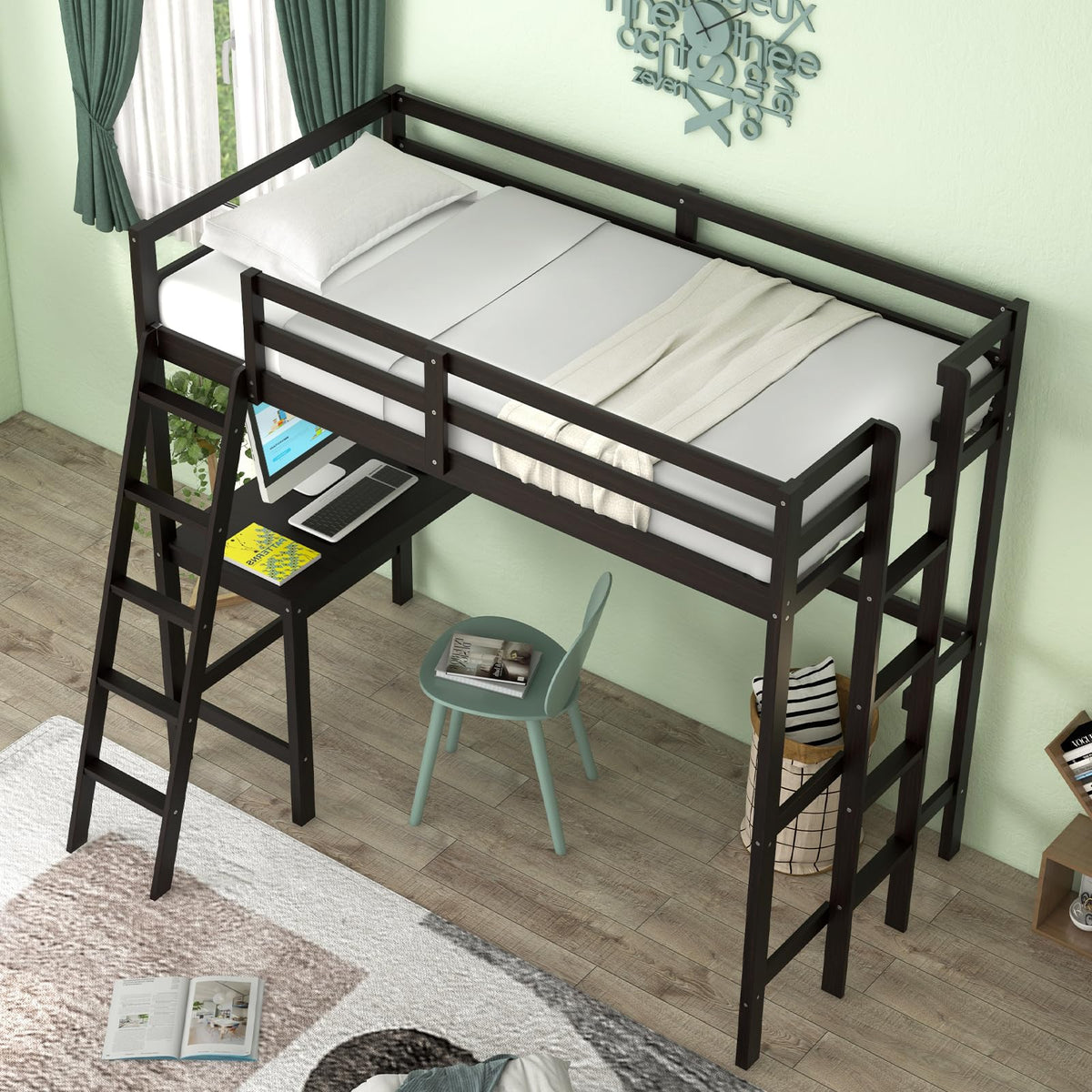 Goflame Twin Size Loft Bed with Desk, Solid Wood Loft Bed with 2 Ladders & Full Length Guardrail