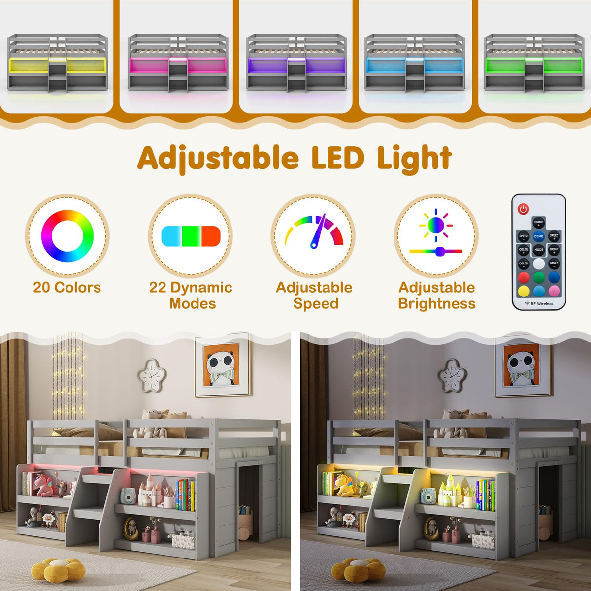 Goflame Low Loft Bed with LED Lights, Wooden Twin Loft Bed with Stairs & Safety Guardrail