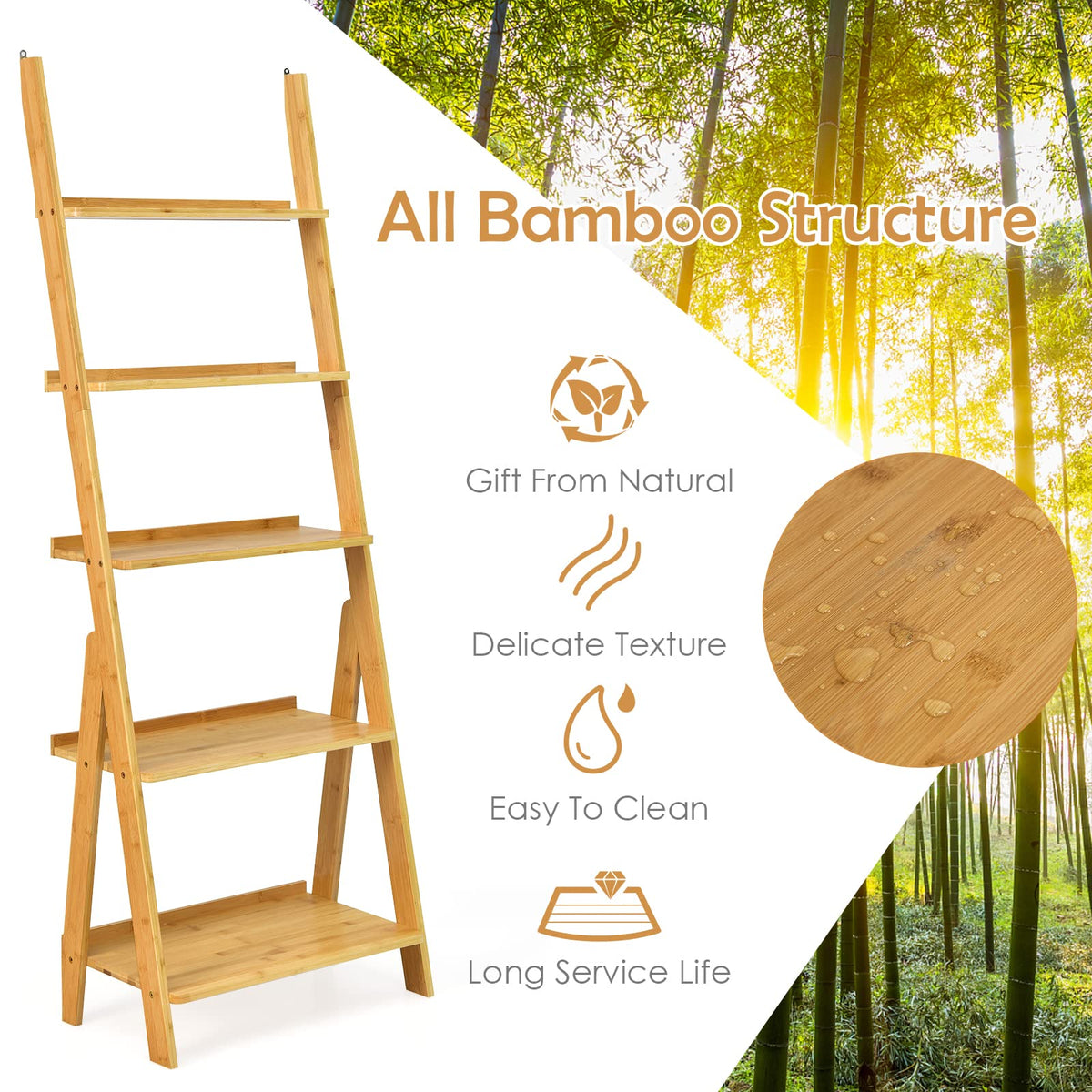 Goflame 5-Tier Ladder Shelf, Multipurpose Freestanding Display Leaning Storage Shelves