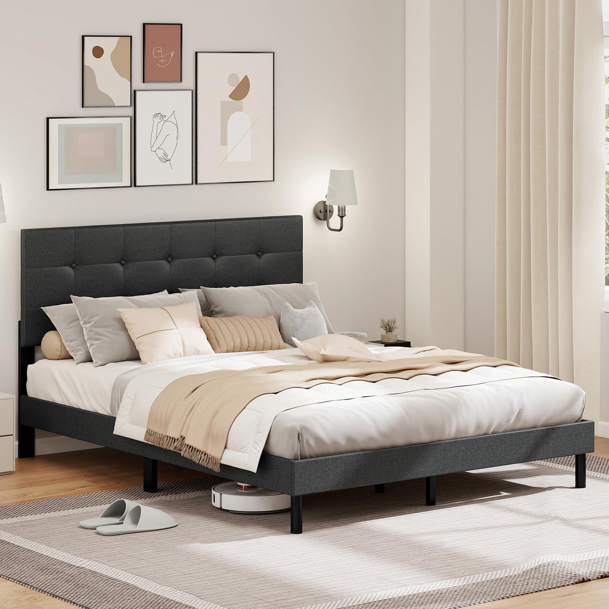 Goflame Queen Bed Frame Linen Upholstered Platform Bed with Button Tufted Headboard