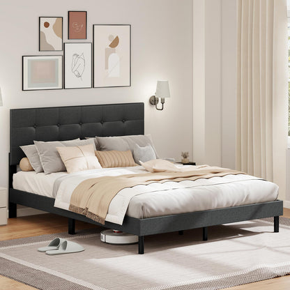 Goflame Queen Bed Frame Linen Upholstered Platform Bed with Button Tufted Headboard