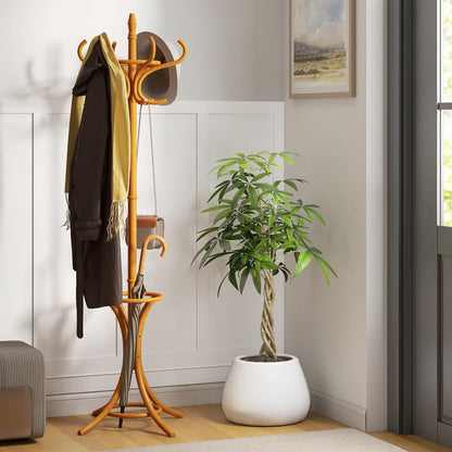Goflame Solid Wood Coat Rack, Freestanding Hall Tree w/12 Hooks, Umbrella Holder, Entryway Hanger Stand for Coat