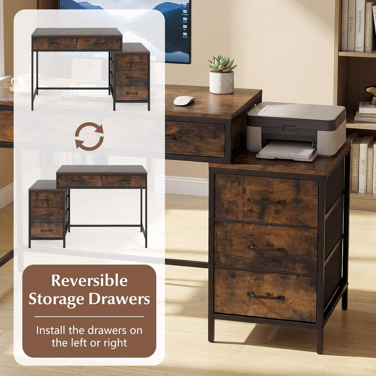 Goflame Reversible Computer Desk with 5 Drawers