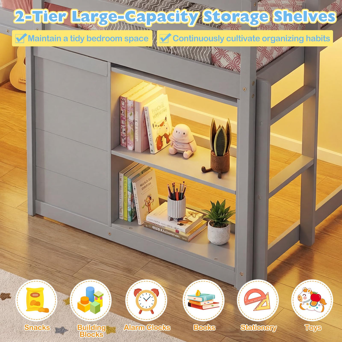 Goflame Wooden Low Kids Loft Bed with LED Lights and 2 Doors