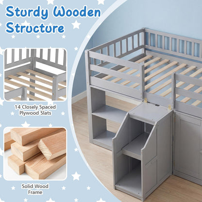 Goflame Low Loft Bed Twin Size with LED Lights, Wooden Bed Frame