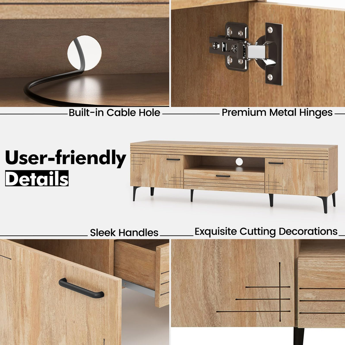 Goflame TV Stand for TV up to 65 Inches, Mid Century Modern Entertainment Center with 2 Cabinets