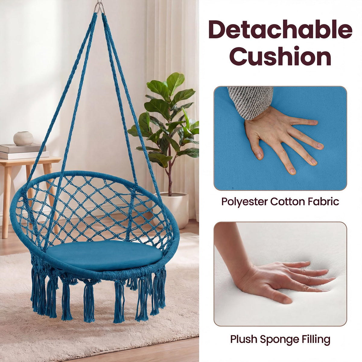 Goflame Hammock Chair Macrame Swing with Round Seat Cushion and Hardware Kit