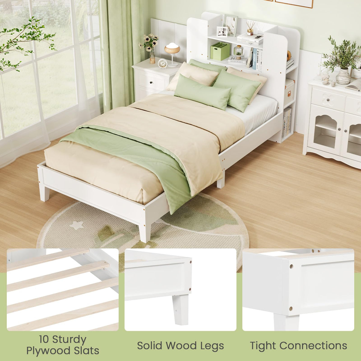Goflame Twin Bed Frames for Kids, Wooden Twin Size Bed with Storage Bookcase Headboard