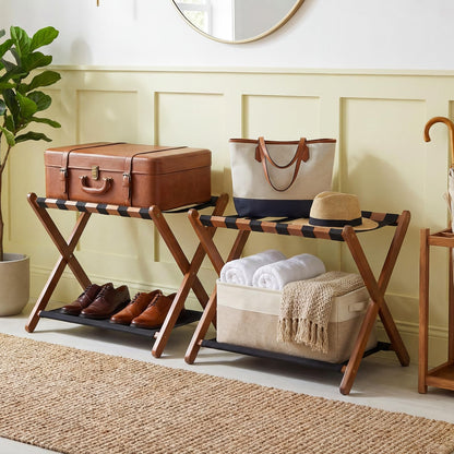 Goflame Folding Luggage Rack | Solid Rubber Wood Suitcase Stand with Storage Shelves
