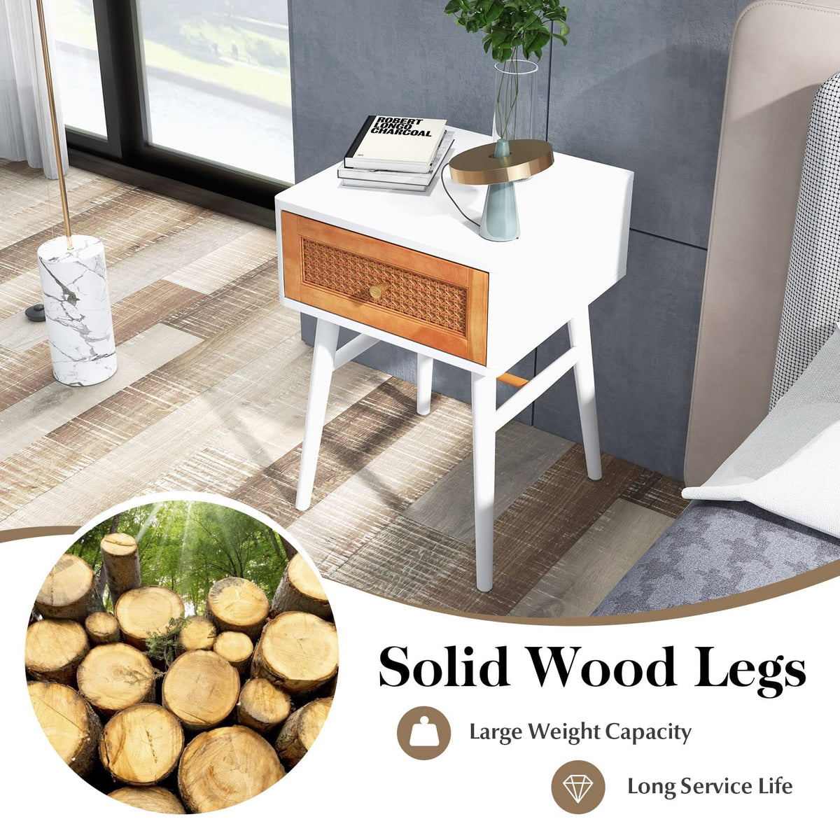 Goflame Rattan Nightstand, Boho End Side Table with Rattan Decorated Storage Drawer & Solid Wood Legs