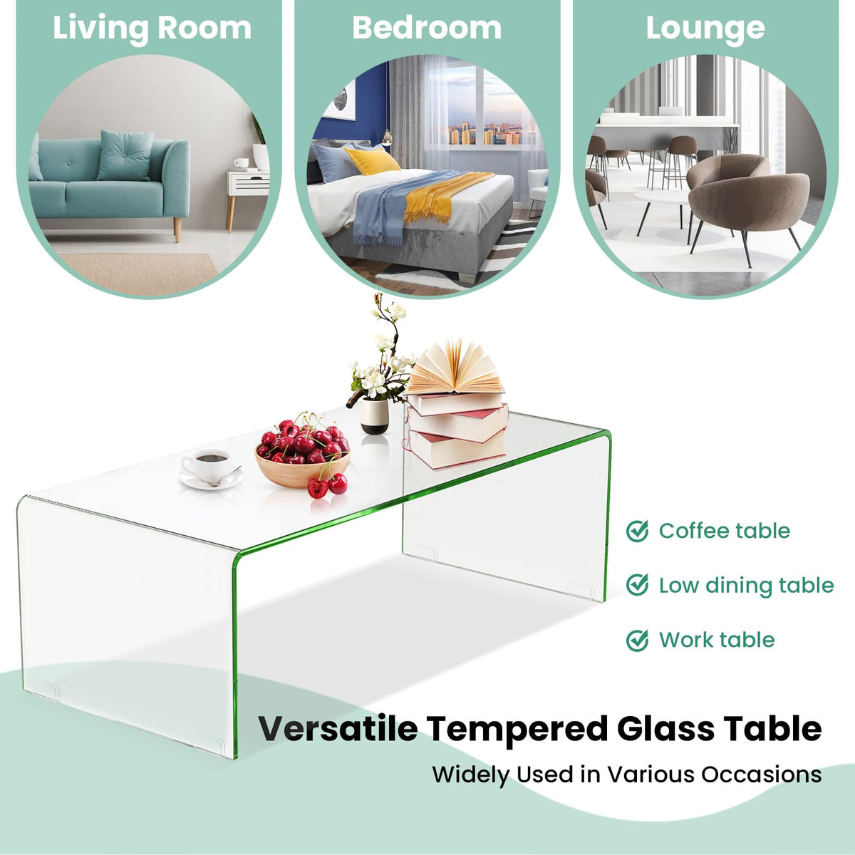 Goflame 42 x 19.7 Inch Clear Tempered Glass Coffee Table with Rounded Edges