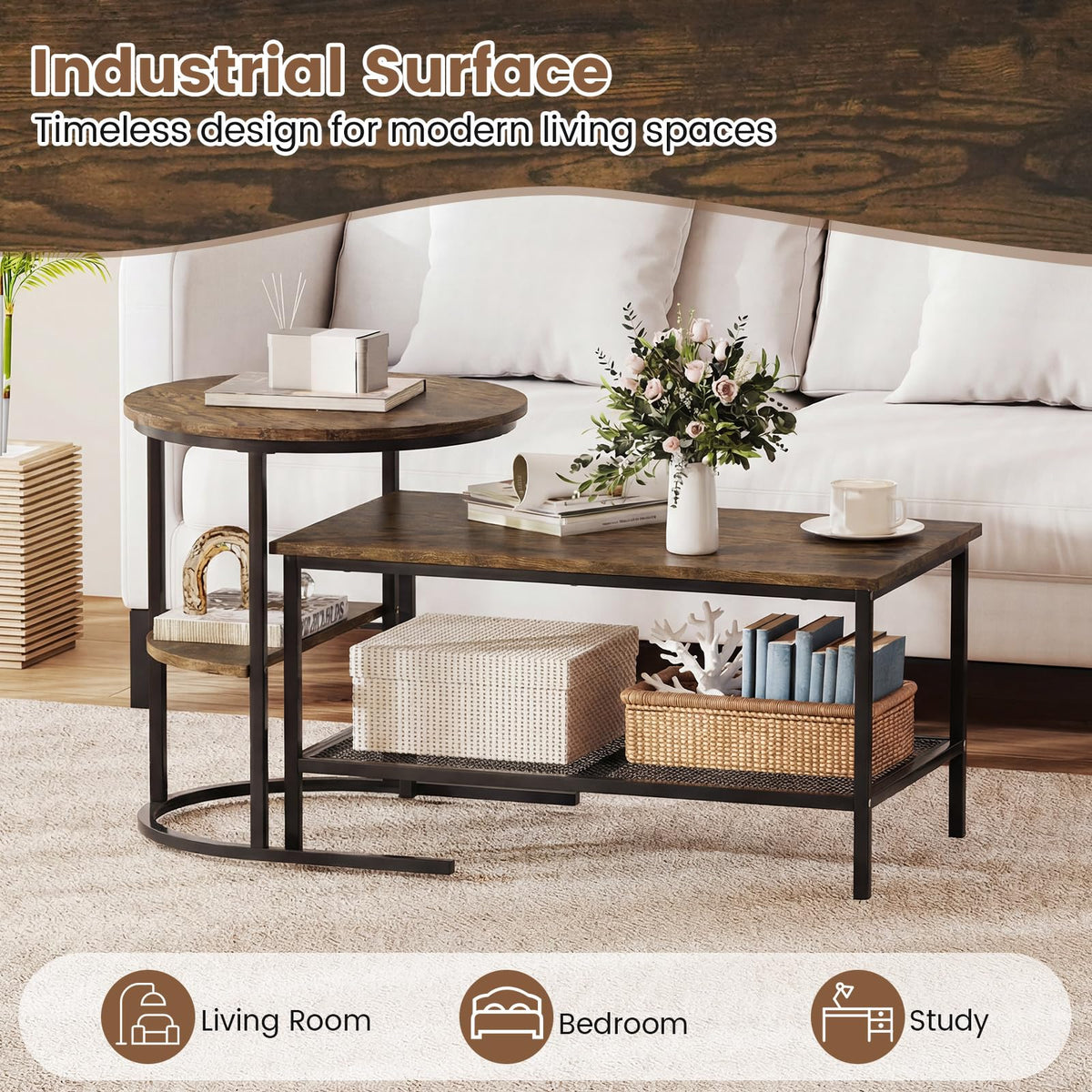 Goflame Nesting Coffee Table Set of 2 Detachable Rectangular Table