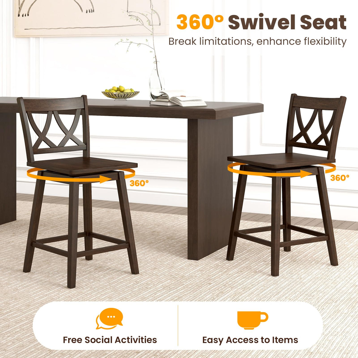 Goflame 24" Bar Stools Set of 2/4, Swivel Wooden Bar Chairs with Rubber Wood Frame, Dark Grey